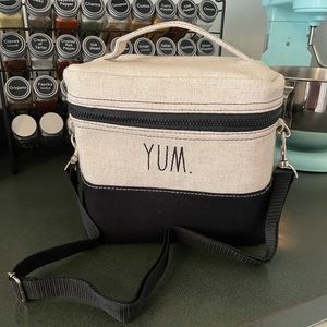 Rae Dunn YUM New Lunchbox Tan and Black With Removable Strap and Utensil Pouch